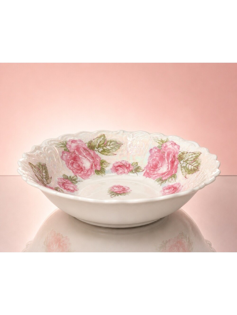 Antique 1910s Serving Bowl Iridescent Lusterware Pink Roses, 10.5x2.5” DAMAGED